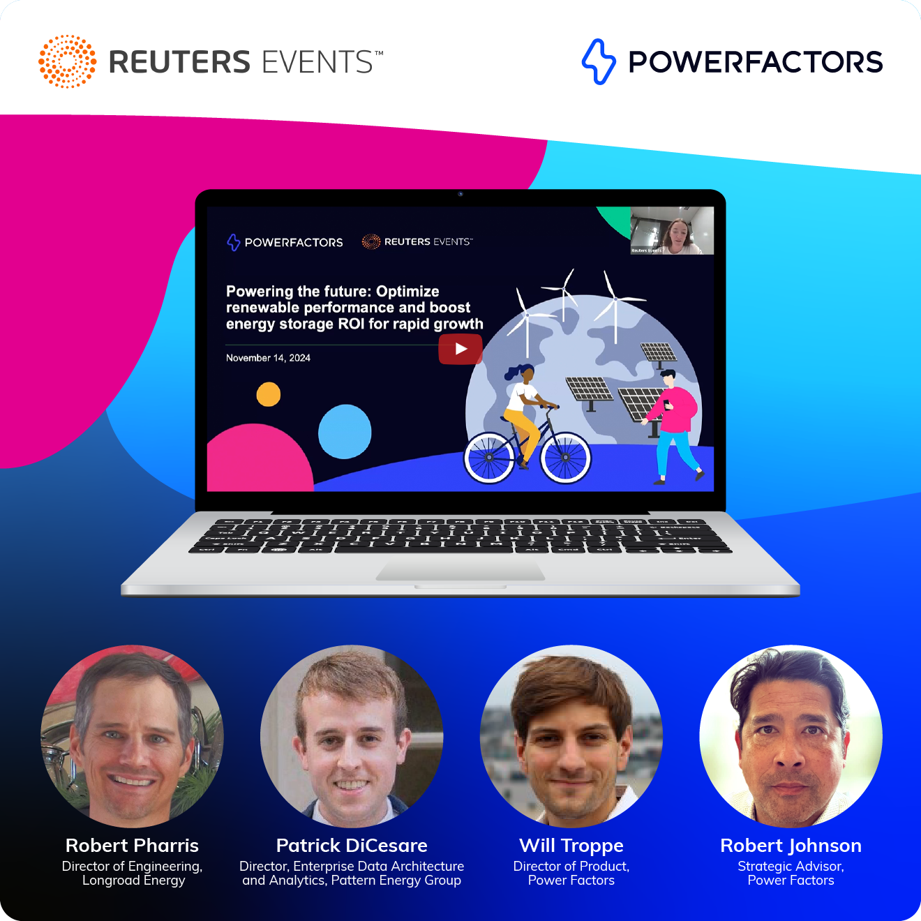 ordinateur portable ouvert avec illustration du webinaire à l'écran avec 4 panélistes ci-dessous