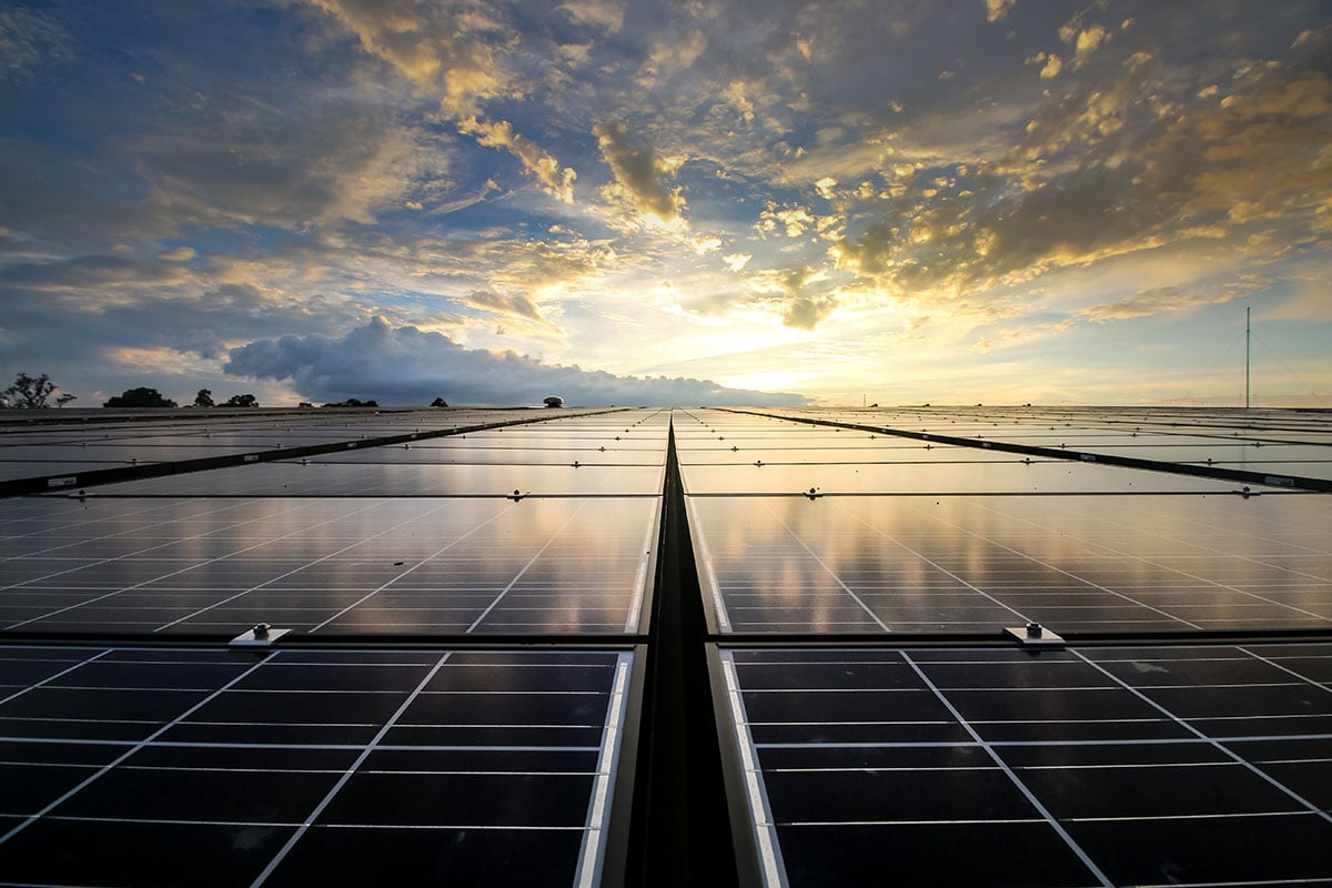 view of solar panels at dusk